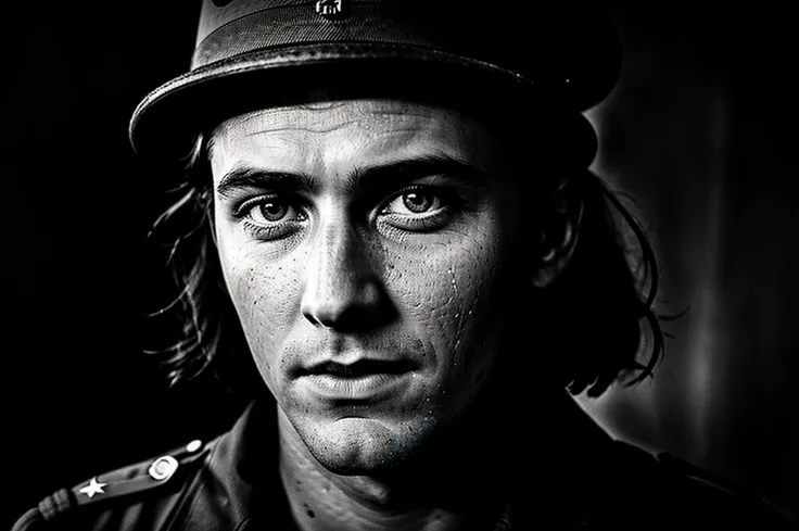 powerful vintage wet-plate close up portrait photo of a soldier, world war 2 photo, authentic film grain, daguerreo still 35mm photo by Alessio Albi and Charlie Bowater