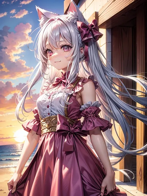 Silver hair, pink eyes, woman, sun and cloud background, pink red gold clothes, hair bows, happy face, mexican outfit, sexy, cat ears