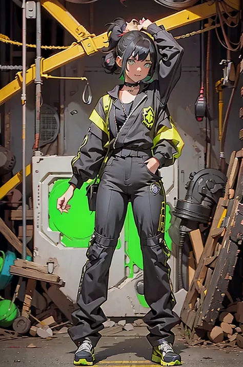 black workwear jumpsuit、costume with glowing yellow-green linesを着た女性, cyber punk, hard rock metal, mosh pit, (highest quality,4k...