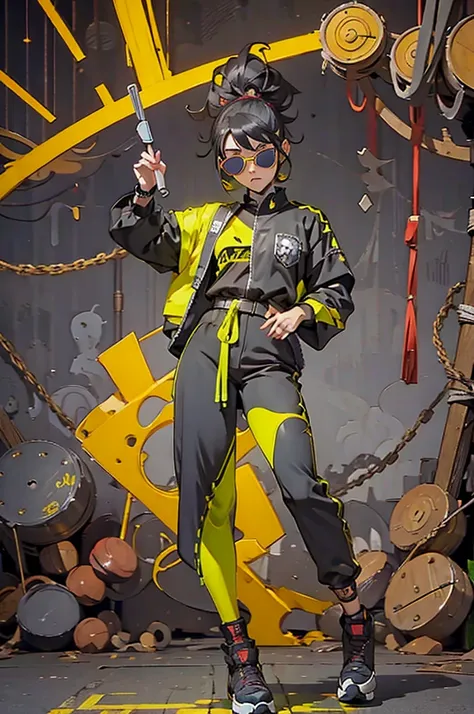 Black workwear jumpsuit、Costume with glowing yellow-green linesを着た女性, cyber punk, Hard Rock Metal, Mosh Pit, (Highest quality,4K,8K,High resolution,masterpiece:1.2),Live Stage、Costume with glowing yellow-green lines、Large sunglasses,Punkish hairstyle、Full ...