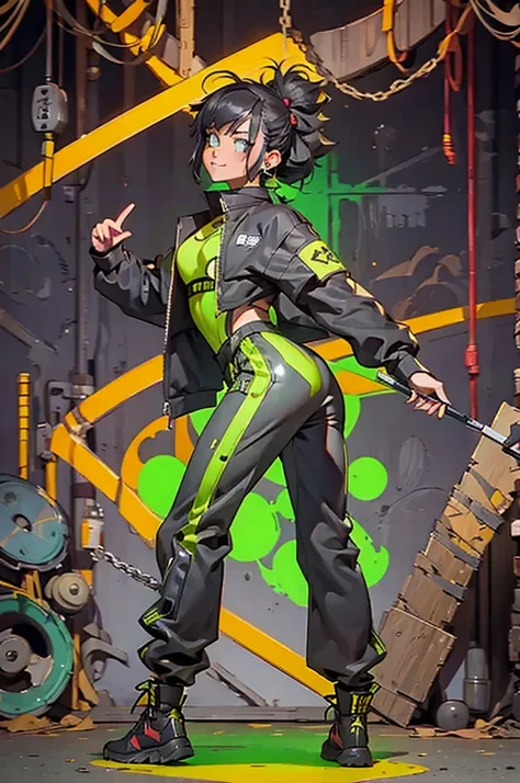 Black workwear jumpsuit、Costume with glowing yellow-green linesを着た女性, cyber punk, Hard Rock Metal, Mosh Pit, (Highest quality,4K,8K,High resolution,masterpiece:1.2),Live Stage、Costume with glowing yellow-green lines、Large sunglasses,Punkish hairstyle、Full ...