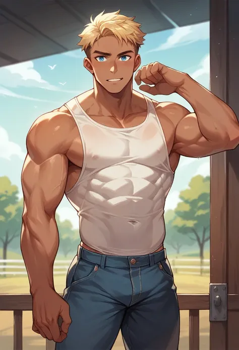 A 65 tanned man with short blonde hair and bright blue eyes. He is muscular and is standing in a modern barn.