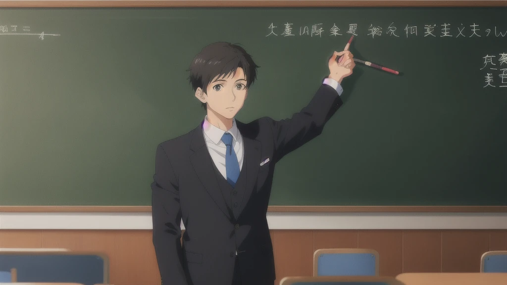 Teacher standing in front of the podium、Chalkboard at the back、、male、Black suit、Anime Style、Close-up of face