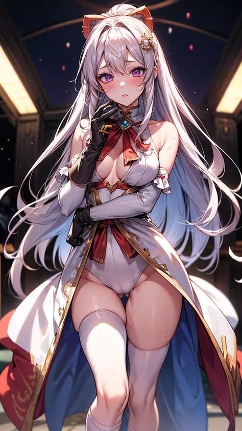 One Girl， （Urzan-6500：0.7）， K-POPアイドル，  ， Exposed bare shoulders，， Long white hair， Japanese Clothing， The best quality in the best condition， （da pintura：1.5）， （hair ornaments：1.35）， gem， Purple eyes， 耳Nipple Ring， ， Written boundary depth， Detailed face，...