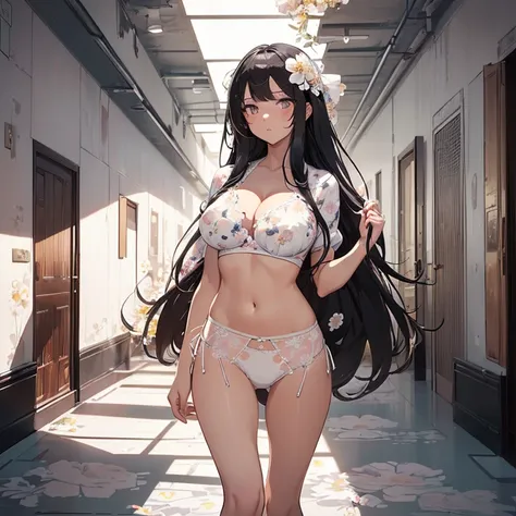 Superflat, Flat Shading, Flat Color, close, Low Angle, Wide-angle, One Girl， 19 years old, Female high school student, long braided black hair, High  , (huge breasts:1.4, (White floral panties:1.4), ,  Walking at schools Hallway, Crowd hallway, The girl is...