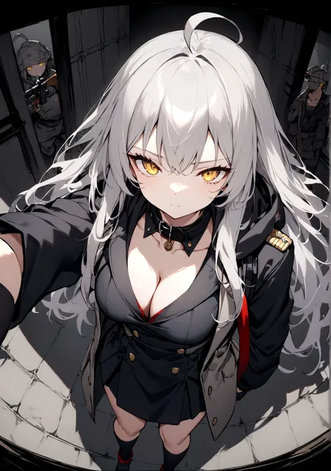 Gun on shoulder、(masterpiece, best quality:1.2), 1girl, 独奏,Black military uniform、Looking through the scope、Point your gun at us、Grey long hair、Ahoge、Yellow Eyes、Ready your gun?、sniper rifle、Background of military bases、Fisheye Lens、battlefield、Shadows of ...