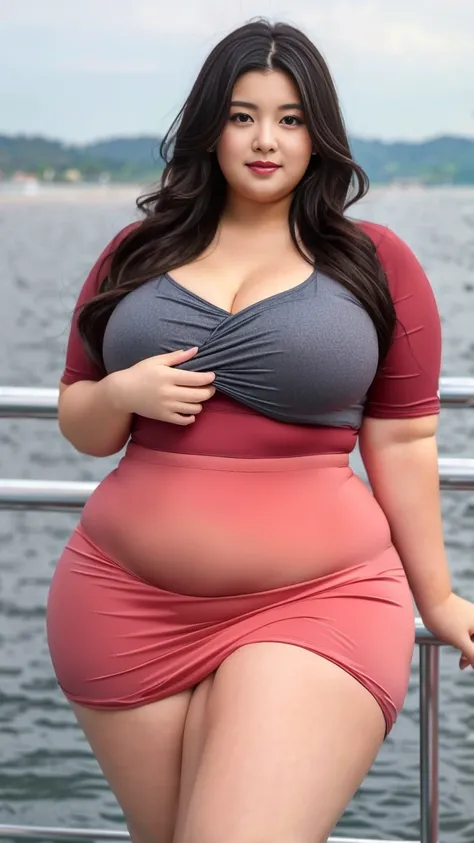 ((best quality)), ((masterpiece)), (detailed), perfect face, araffeTight skirtsShort , thicc, wavy short hair, she has a jiggly fat round belly, bbwchan, wearing tight simple clothes, skinny waist and thick hips, widest hips, her belly is fat and round, so...