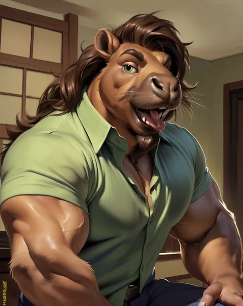 (by Meesh), (by darkgem:0.8), (by chunie:1), masterpiece,, detailed fur, looking at viewer, (detailed pixar eyes:1.2), detailed eyes, male, anthro, ((capybara, Japanese, Anime, bishounen, pretty, effeminate, Massive Muscles, Massive Deltoids, Massive shoul...