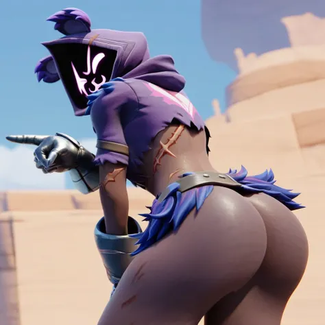 Raven team leader,purple hoodie, with no face, shadowed face, animal ears,purple skin, scar on eye, body skin, purple fur, waist belt, torso symbol, metal gloves, pointing your ass at the viewer, leaning forward, pushing, she closes her eyes, hands resting...