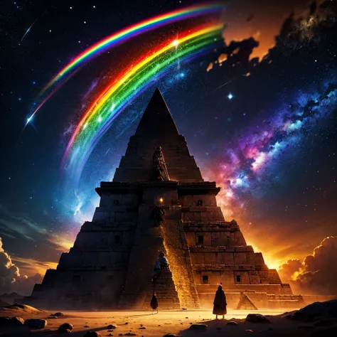 grand father commander, withba broom in the hand, Mayan calendar, Mayan pyramid with a galactic rainbow. HD