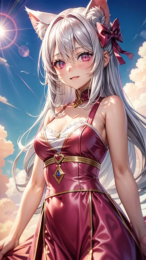 Silver hair, pink eyes, woman, sun and cloud background, pink red gold clothes, hair bows, happy face, mexican outfit, sexy, cat ears