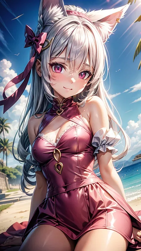 Silver hair, pink eyes, woman, sun and cloud background, pink red gold clothes, hair bows, happy face, mexican outfit, sexy, cat ears