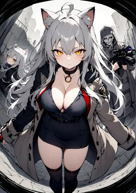 Gun on shoulder、(masterpiece, best quality:1.2), 1girl, 独奏,Black military uniform、Looking through the scope、Gray cat ears、Point your gun at us、Grey long hair、Ahoge、Yellow Eyes、Grey trench coat、Gray cat ears、The hoodie I took off was my carry-on baggage.、Re...