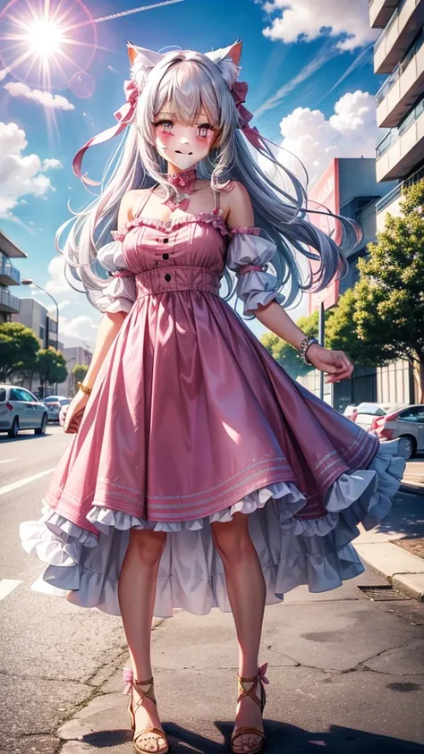 Silver hair, pink eyes, woman, sun and cloud background, pink red gold clothes, hair bows, happy face, summer outfit, sexy, cat ears,  full body