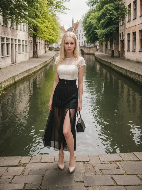 her name is Marie, high quality, 1girl, ((20-year-old fit Caucasian woman)), ((20 years old)), ((fit)), ((pale skin tone)), medium length straight blonde hair , wearing Lace-Up Corset Top + High-Waisted Pleated Skirt, pose: standing, background: Detail the...