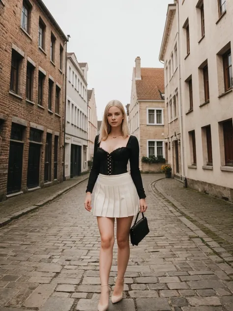 her name is Marie, high quality, 1girl, ((20-year-old fit Caucasian woman)), ((20 years old)), ((fit)), ((pale skin tone)), medium length straight blonde hair , wearing Lace-Up Corset Top + High-Waisted Pleated Skirt, pose: standing, background: Detail the...