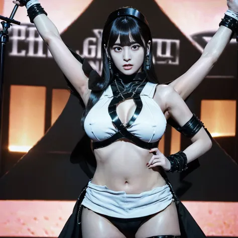 Highest quality，masterpiece，Very detailed, 8K，Beautiful 27 year old Japanese woman:1.5, Small face, blunt bangs, Crucifixion, (Detailed black K-pop idol outfit:1.5),　Breast Augmentation Surgery, Very detailedな臭い脇の下、　Live Stage、　height:164cm