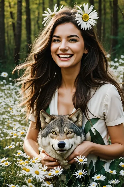 Make me the image of a woman with the face of a wolf who is laughing in a leafy valley of trees and daisies