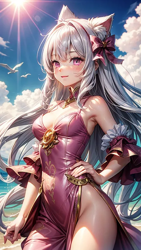 Silver hair, pink eyes, woman, sun and cloud background, pink red gold clothes, hair bows, happy face, fantasy outfit, sexy, cat ears