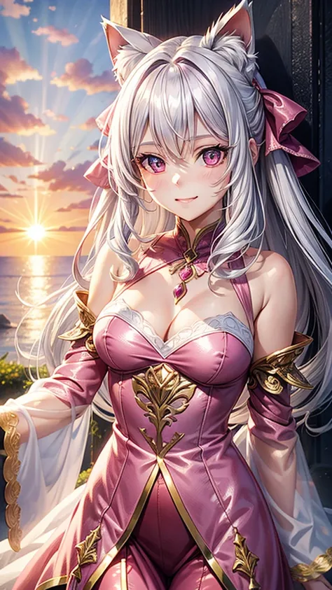 Silver hair, pink eyes, woman, sun and cloud background, pink red gold clothes, hair bows, happy face, fantasy outfit, sexy, cat ears