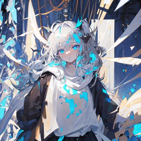 1Girl, moth antennae,moth wings,skin color medium greyish brown, solo, star (symbol), Black hair,dilated pupils , Light blue eyes, messy and fluffy hair,WhiteT-shirt