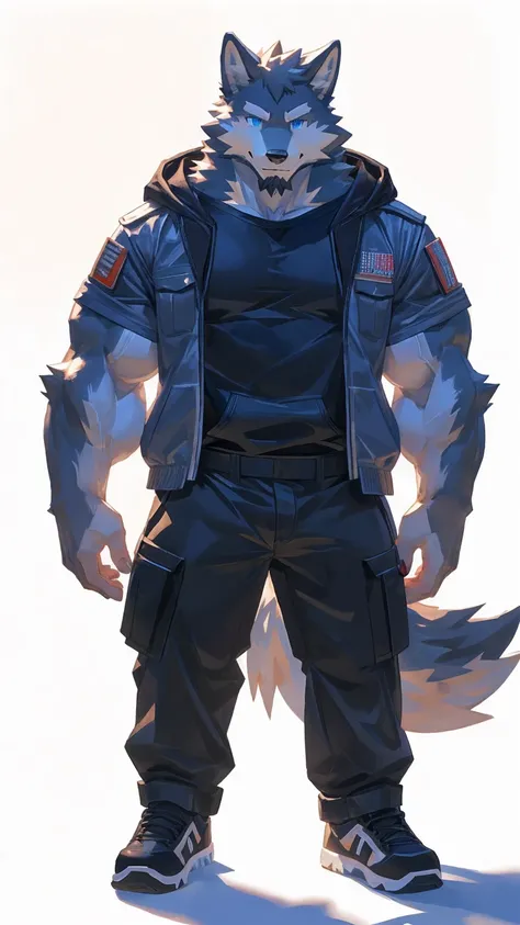 (masterpiece:1.2), best quality,pixiv,official art,perfect anatomy, (Ray tracing, light),solo, (1_male:1.3) , (muscle), (grey fur:1.4), (muscle wolf), (beard:1.2), (gleaming blue eyes), wolf tail, full body, Thick black eyebrows,(open hoodie), (naked insid...