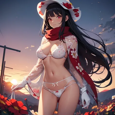 Superflat, Flat Shading, Flat Color, close, Low Angle, Wide-angle, One Girl， 19 years old, Asian,  Female Mage, long braided black hair, Red Scarf, Mage Hat, Mage outfit, (huge breasts:1.4, (White floral panties:1.4), black gloves,  Standing in a flowery m...