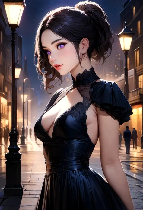 (best quality,4k,8k,highres,masterpiece:1.2),ultra-detailed,realistic, beautiful detailed eyes,beautiful detailed lips,purple eyes, elegant dress, black short hair with a ponytail, night background, street lamps lighting up the scene.
