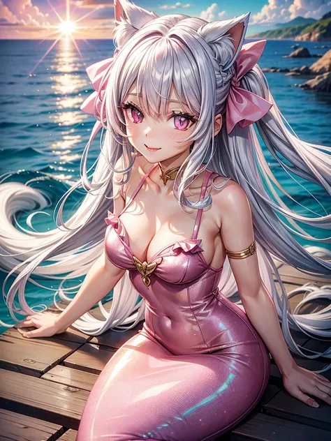 Silver hair, pink eyes, woman, sun and cloud background, pink red gold clothes, hair bows, happy face, mermaid outfit, sexy, cat ears