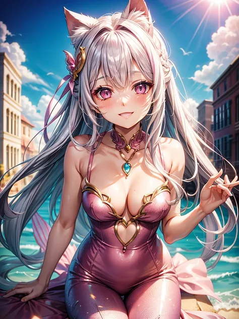 Silver hair, pink eyes, woman, sun and cloud background, pink red gold clothes, hair bows, happy face, mermaid outfit, sexy, cat ears