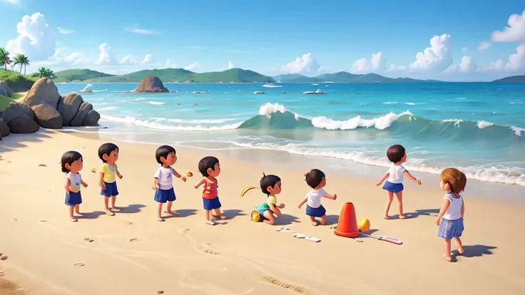 On a sunny beach, a group of children are playing. The sky is blue, and the waves gently lap at the shore. 