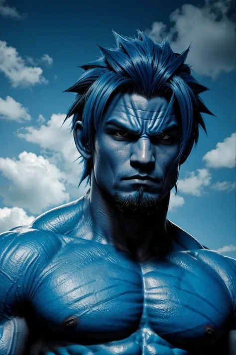 Muscular blue half dragon man with blue hair, with a somewhat serious face in anime style