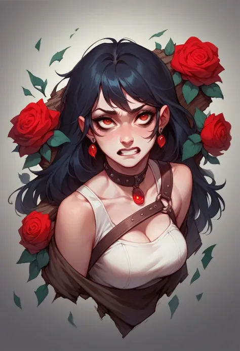 A woman with a face that is half skull and half normal, dressed in black and red and with a red rose stuck in her hair, around 35 years old, with long dark hair 