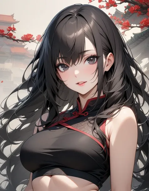 Mature big sister，Black long hair，Black tube top，Chinese style，Beautiful black eyes，Extremely detailed，high resolution，Simple background