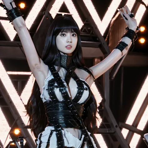 Highest quality，masterpiece，Very detailed, 8K，Beautiful 27 year old Japanese woman:1.5, Small face, blunt bangs, Crucifixion, (Detailed black K-pop idol outfit:1.5),　Breast Augmentation Surgery, Very detailedな臭い脇の下、　Live Stage、　tall