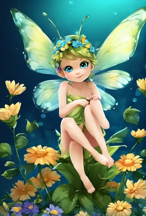 Little fairy gracefully sitting on a flower, playing with butterfly,full body,magic background.