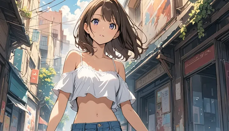  female，short camisole，crop shirt，Off shoulders，white，Art， anime，illustration