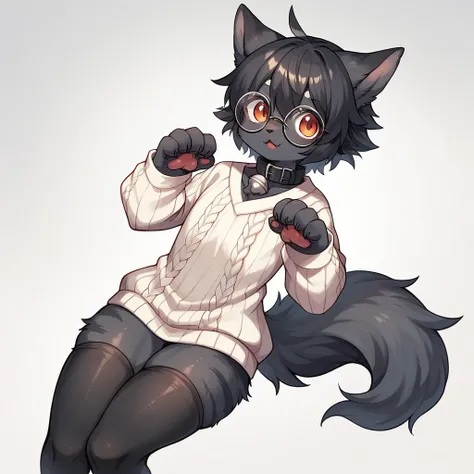 Furry lobo, black fur, pointy wolf ears, black ears, Eyes red, detailed artwork, black fur, skin detailed, cute fur, black short hair, black hairs on the belly and chest, shiny hair, Round glasses without lenses, Black glasses, black fur sweater with gray ...