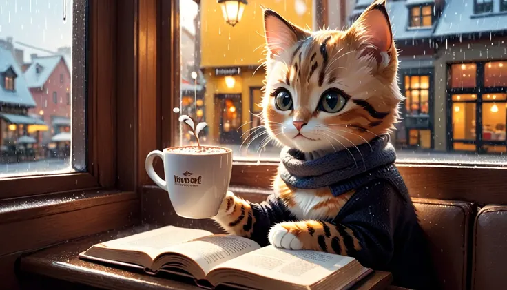 Its raining outside, a scene of a warm-looking cafe, an anthropomorphized kitten is reading a book while drinking hot chocolate on a window seat, the warm light and calm expression are impressive