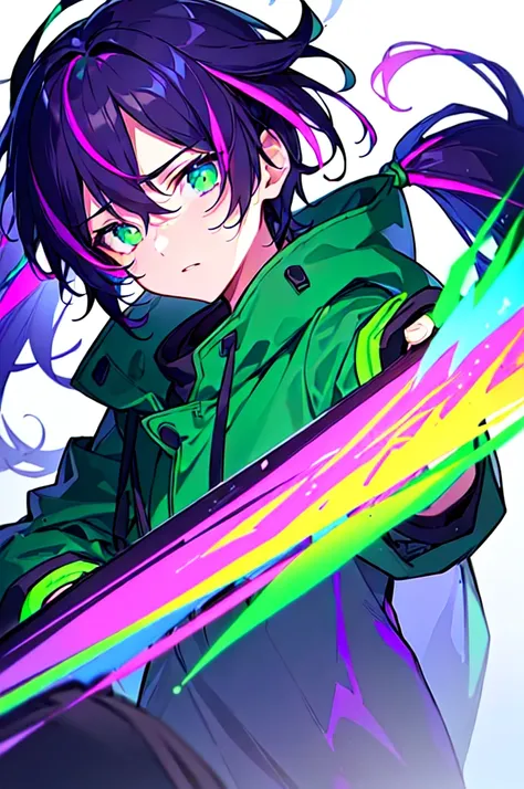 [(WHITE BACKGROUND:1.5),::5], ((((masterpiece)))), high quality, ultra very high resolution, full color, (((solo))), ((little boy)), black hair, ((purple streaked hair)), (green eyes), anime, ((upper body)), neon light, black parka, (green flame effect:1.2...