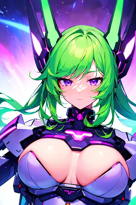 [(WHITE BACKGROUND:1.5),::5], ((((masterpiece)))), high quality, ultra very high resolution, full color, (((solo))), ((Mecha musume)), Mecha girl, ((Green hair)), (Purple eyes), anime, upper body, neon light, cyborg body, (Purple neon effect:1.2)