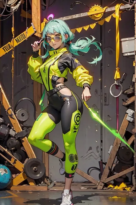 White workwear jumpsuit、Costume with glowing yellow-green linesを着た女性, cyber punk, Hard Rock Metal, Mosh Pit, (Highest quality,4K,8K,High resolution,masterpiece:1.2),Live Stage、Costume with glowing yellow-green lines、Large sunglasses,Punkish hairstyle、Full ...