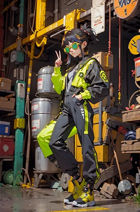 White workwear jumpsuit、Costume with glowing yellow-green linesを着た女性, cyber punk, Hard Rock Metal, Mosh Pit, (Highest quality,4K,8K,High resolution,masterpiece:1.2),Live Stage、Costume with glowing yellow-green lines、Large sunglasses,Punkish hairstyle、Full ...