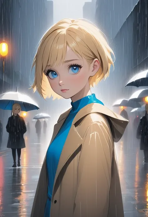 Girl, very short blonde hair, blue eyes, wearing a simple , in the rain.