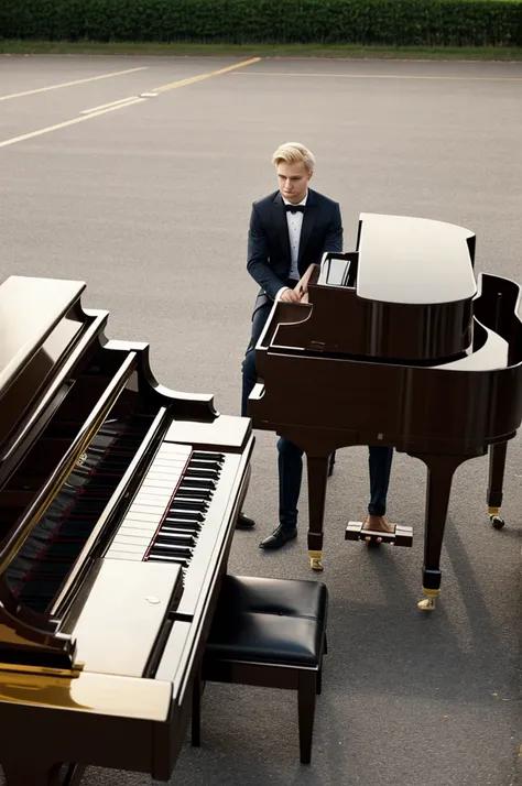 Man with short blond hair playing grand piano in empty parking lot
