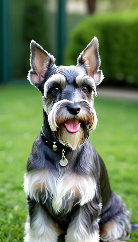 There is no one, realistic photo, photo realism, realism, miniature schnauzer (Miniature Schnauzer), perfect composition, intricate details, Very sharp, masterpiece, profile, high resolution, looking at the viewer, Full body photo in garden background