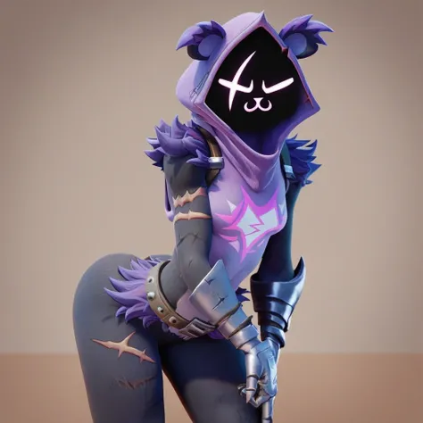 Raven team leader,purple hoodie, with no face, shadowed face, animal ears,purple skin, scar on eye, body skin, purple fur, waist belt, torso symbol, metal gloves, pointing your ass at the viewer, leaning forward, pushing, she closes her eyes, hands resting...