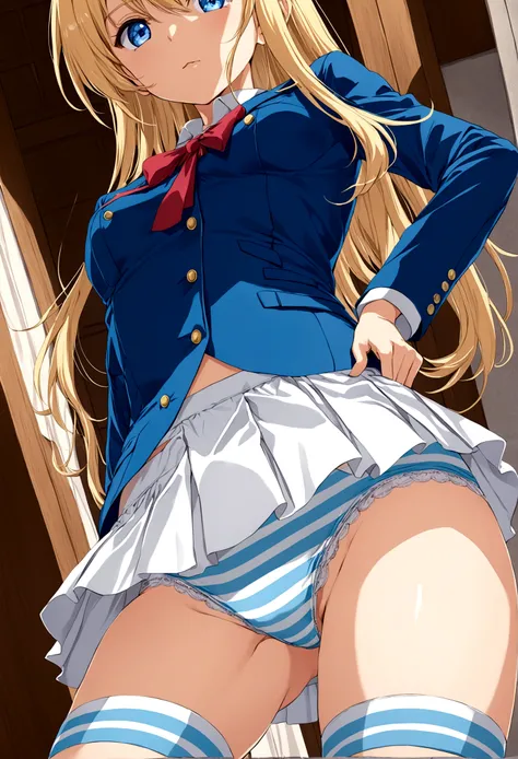 Anime girl in short skirt showing panties,blonde,blue colored eyes,blue striped white panties