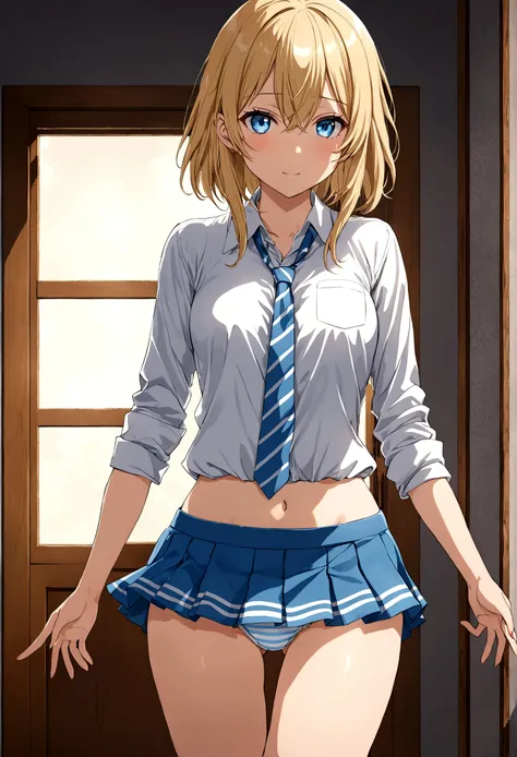 Anime girl in short skirt showing panties,blonde,blue colored eyes,blue striped white panties