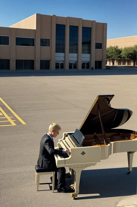 Man with short blond hair playing grand piano in empty parking lot
